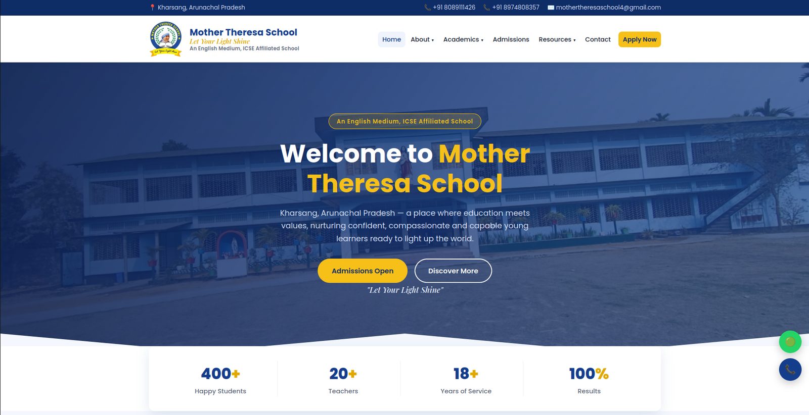 Admissions-Focused School Website for Mother Theresa School, Arunachal Pradesh